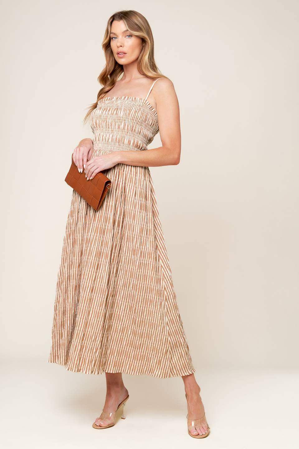 VALHALLA BROWN STRIPED WOVEN MIDI DRESS - Flying Tomato - Flyclothing LLC