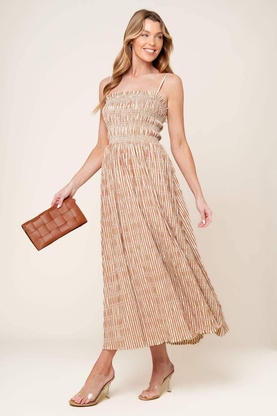 VALHALLA BROWN STRIPED WOVEN MIDI DRESS - Flying Tomato - Flyclothing LLC