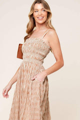 VALHALLA BROWN STRIPED WOVEN MIDI DRESS - Flying Tomato - Flyclothing LLC