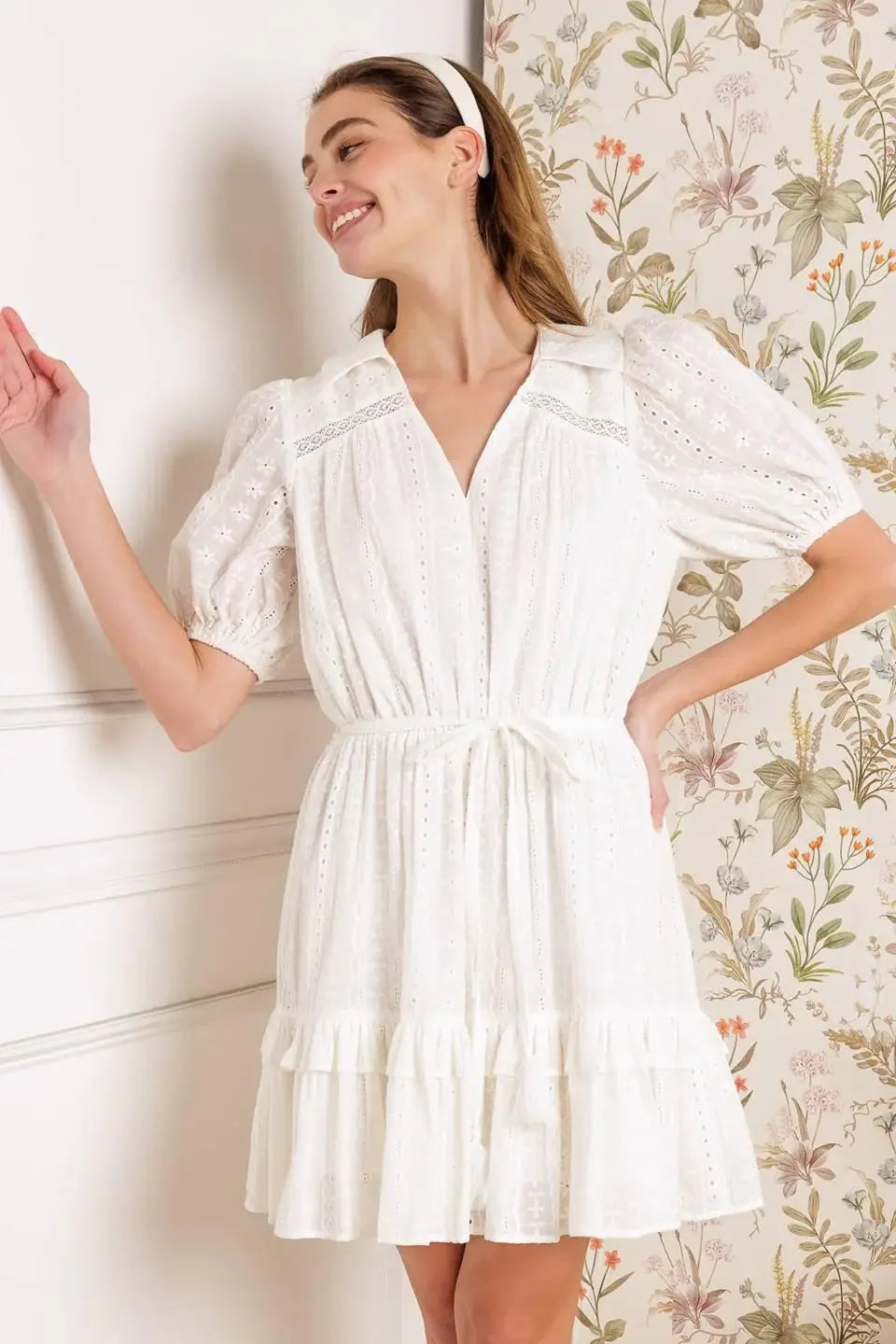 STARLIGHT SOIREE WOVEN EYELET MINI DRESS - Flying Tomato - Flyclothing LLC