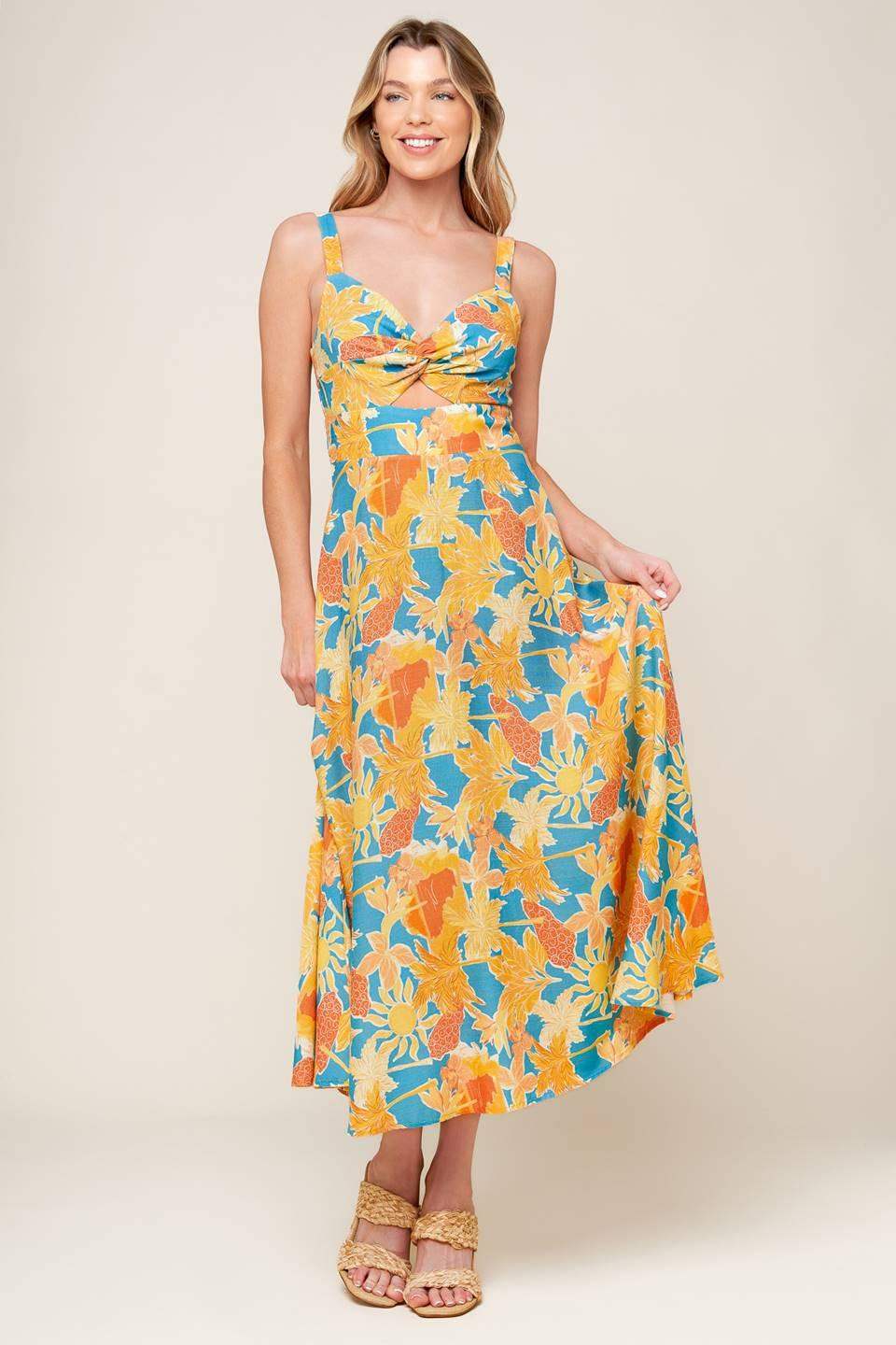 TWIRL ME BLUE WOVEN MIDI DRESS - Flying Tomato - Flyclothing LLC