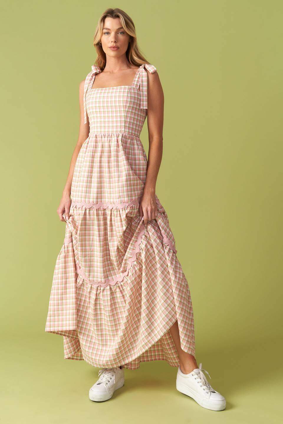 IMAGINE THAT GREEN PINK PLAID MIDI DRESS - Flying Tomato - Flyclothing LLC