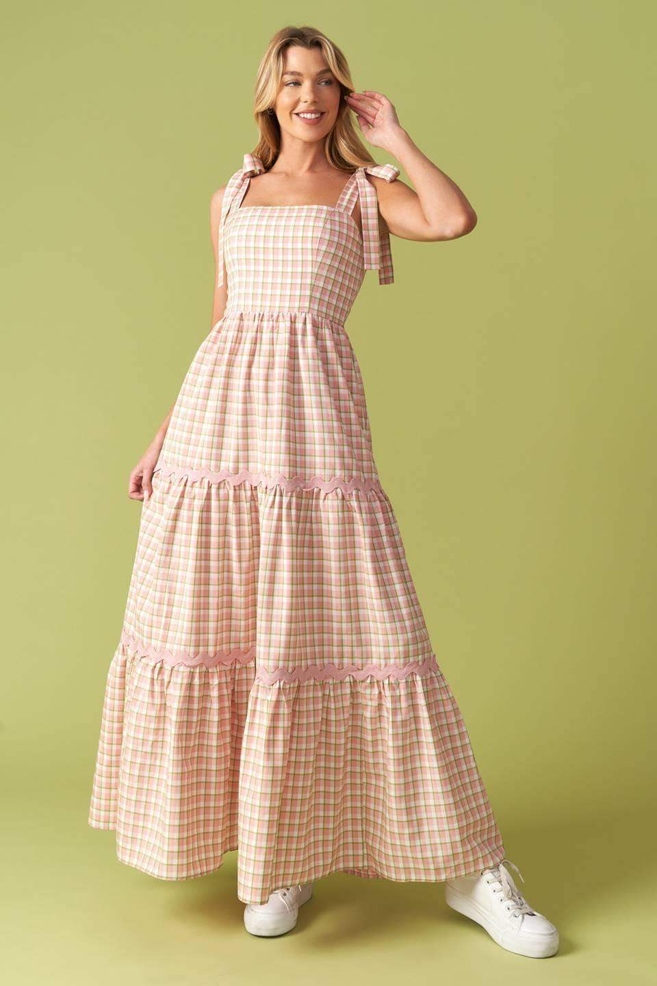IMAGINE THAT GREEN PINK PLAID MIDI DRESS - Flying Tomato - Flyclothing LLC