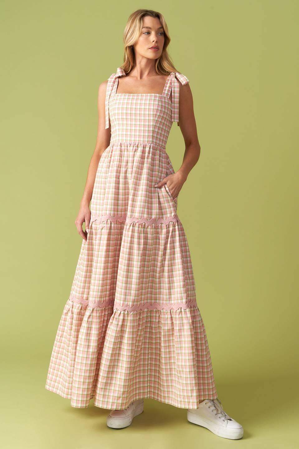 IMAGINE THAT GREEN PINK PLAID MIDI DRESS - Flying Tomato - Flyclothing LLC