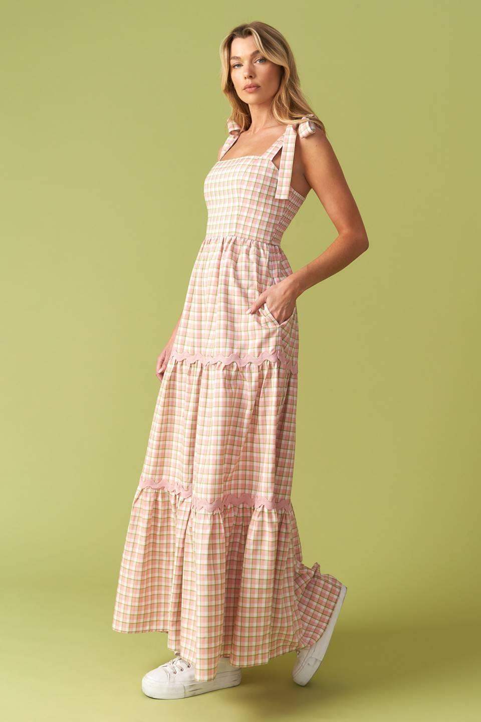 IMAGINE THAT GREEN PINK PLAID MIDI DRESS - Flying Tomato - Flyclothing LLC