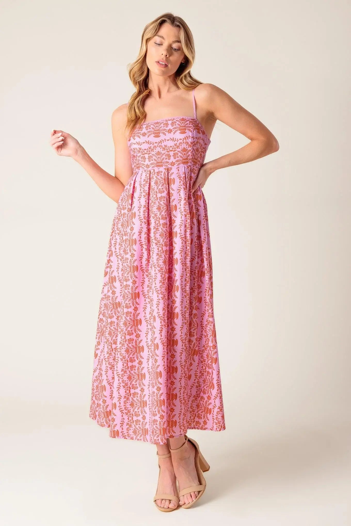 THE EVETTE PINK WOVEN MIDI DRESS - Flying Tomato - Flyclothing LLC