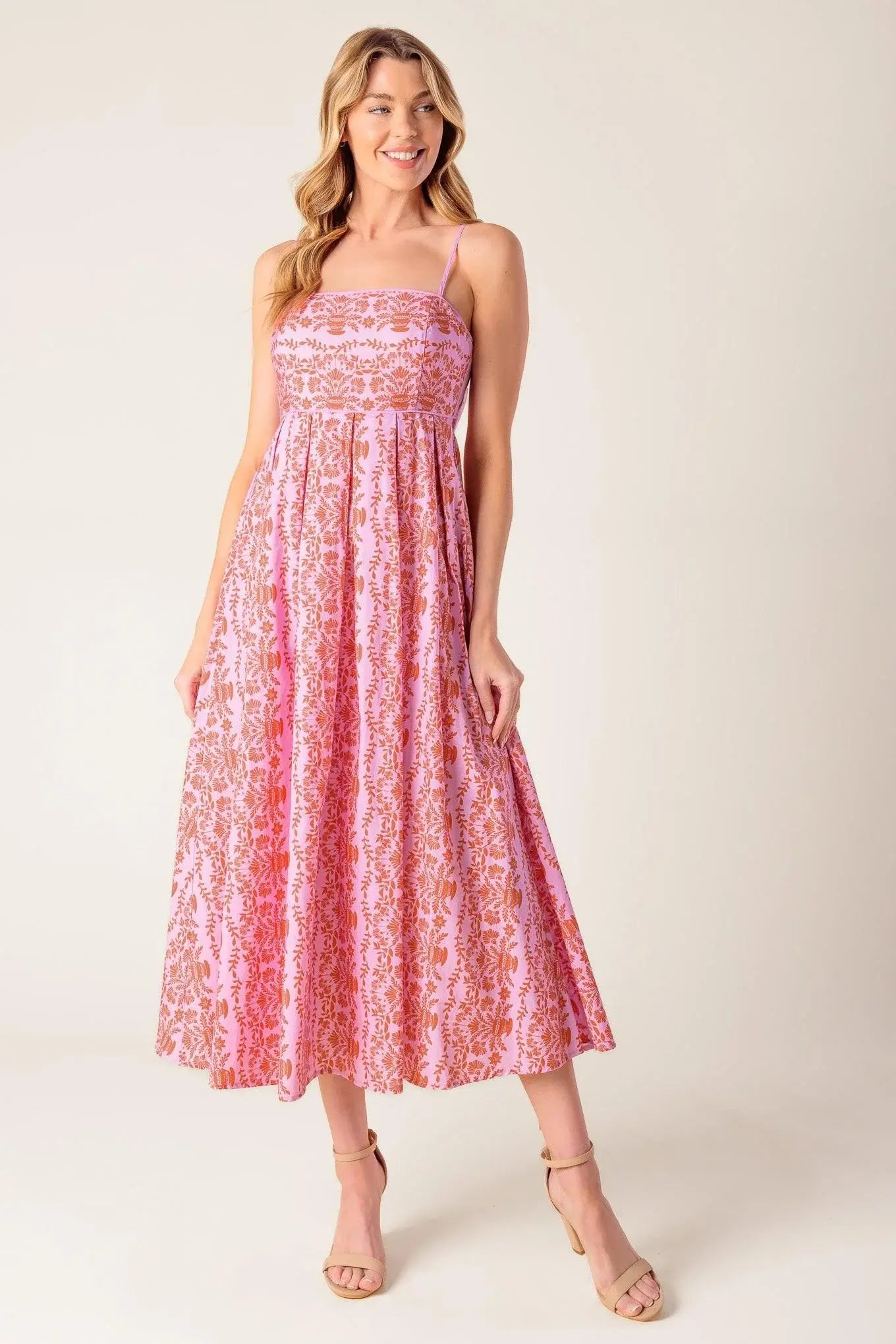 THE EVETTE PINK WOVEN MIDI DRESS - Flying Tomato - Flyclothing LLC