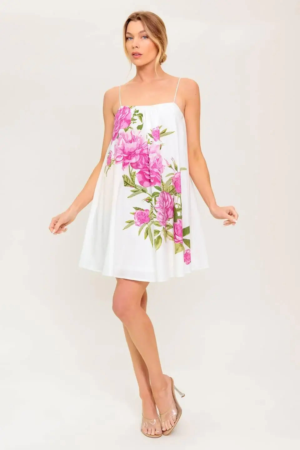 GARDEN WHISPERS PINK FLORAL WOVEN MINI DRESS - Flying Tomato - Flyclothing LLC