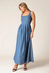 PASSIFLORA INDIGO DENIM MIDI DRESS - Flying Tomato - Flyclothing LLC