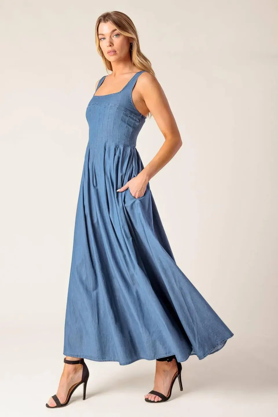 PASSIFLORA INDIGO DENIM MIDI DRESS - Flying Tomato - Flyclothing LLC