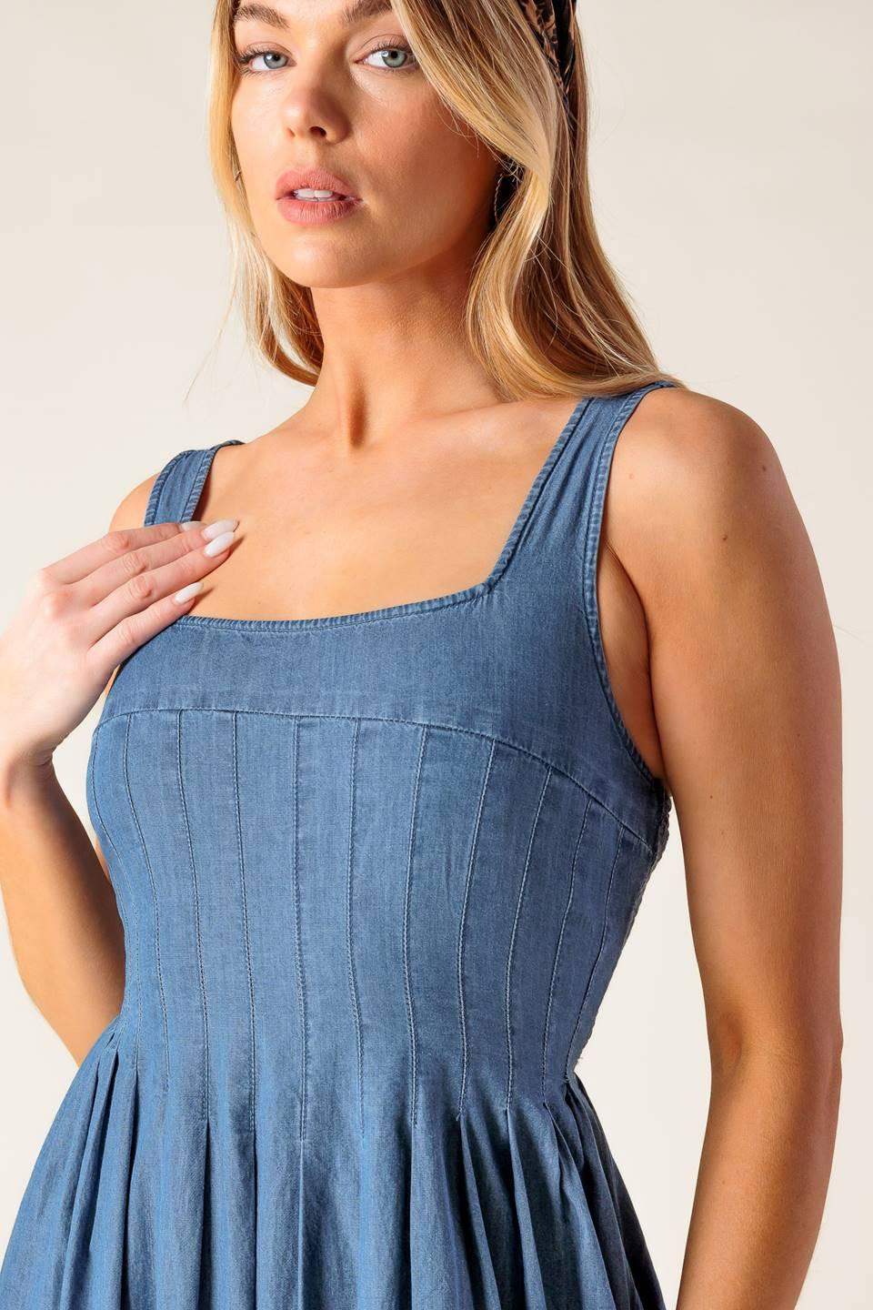 PASSIFLORA INDIGO DENIM MIDI DRESS - Flying Tomato - Flyclothing LLC