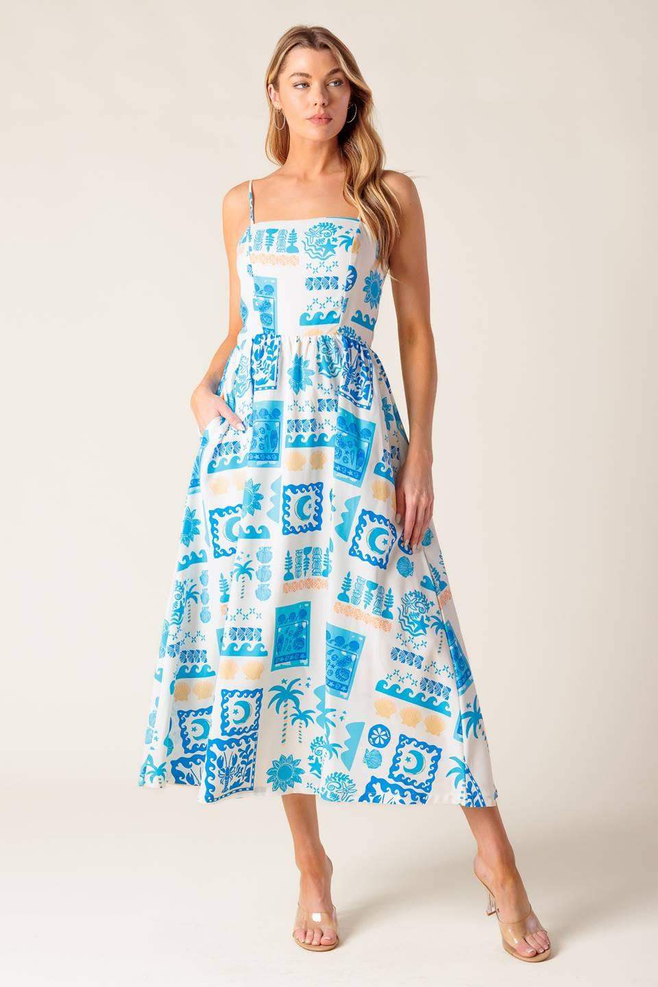 FLOWER GIRL BLUE WOVEN MIDI DRESS - Flying Tomato - Flyclothing LLC