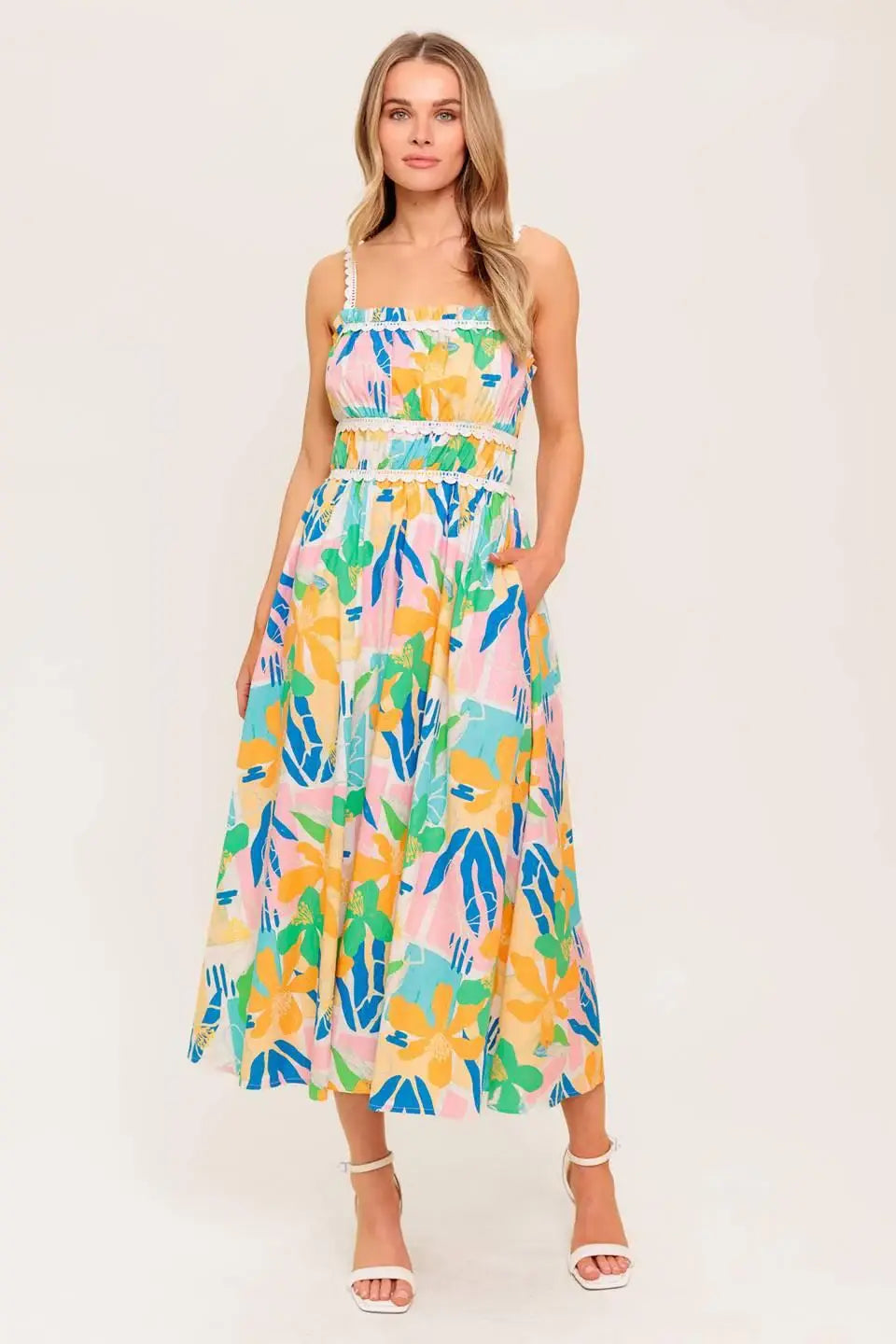 SUNLIT GARDEN PINK BLUE WOVEN MIDI DRESS - Flying Tomato - Flyclothing LLC