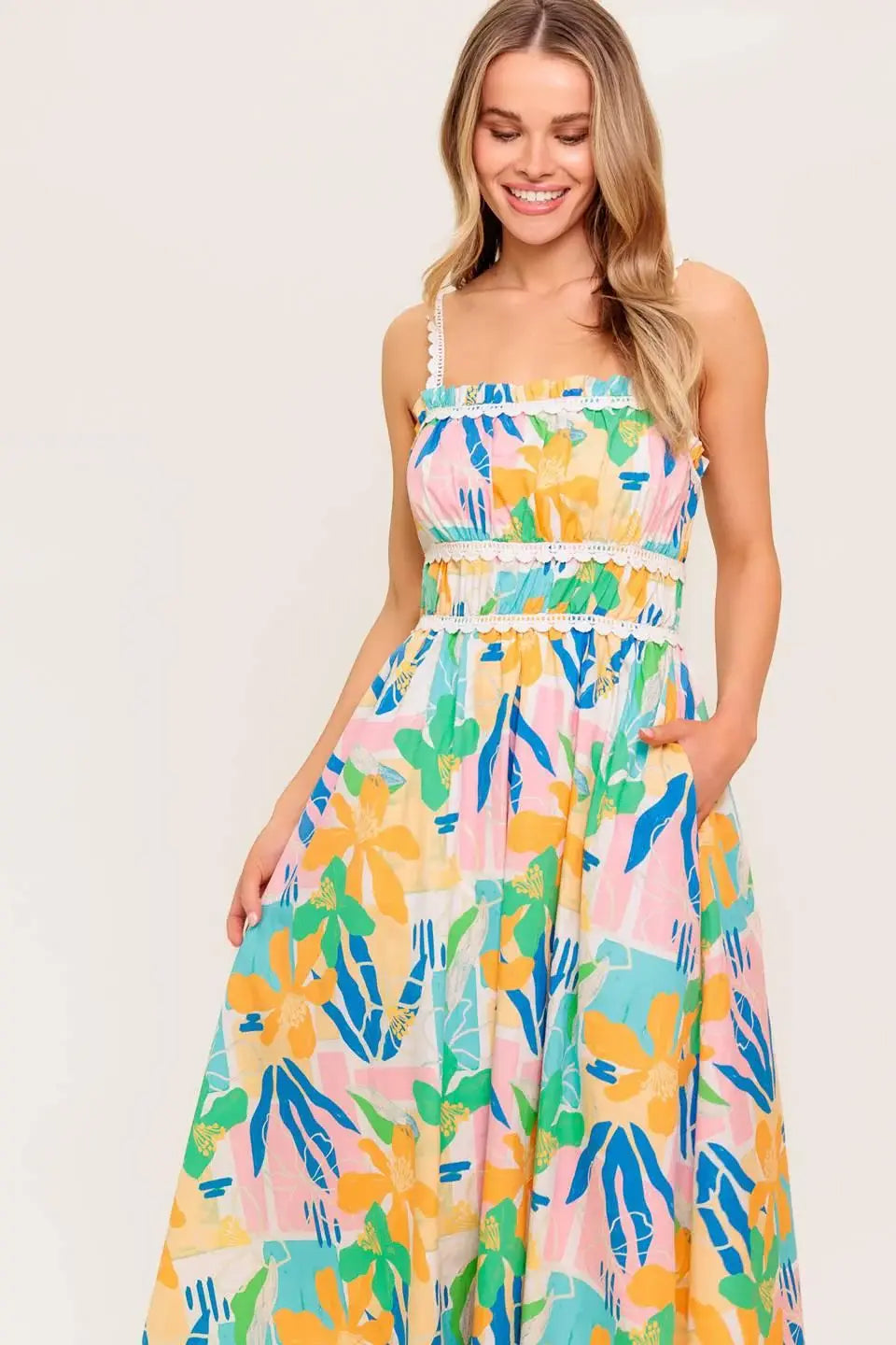 SUNLIT GARDEN PINK BLUE WOVEN MIDI DRESS - Flying Tomato - Flyclothing LLC