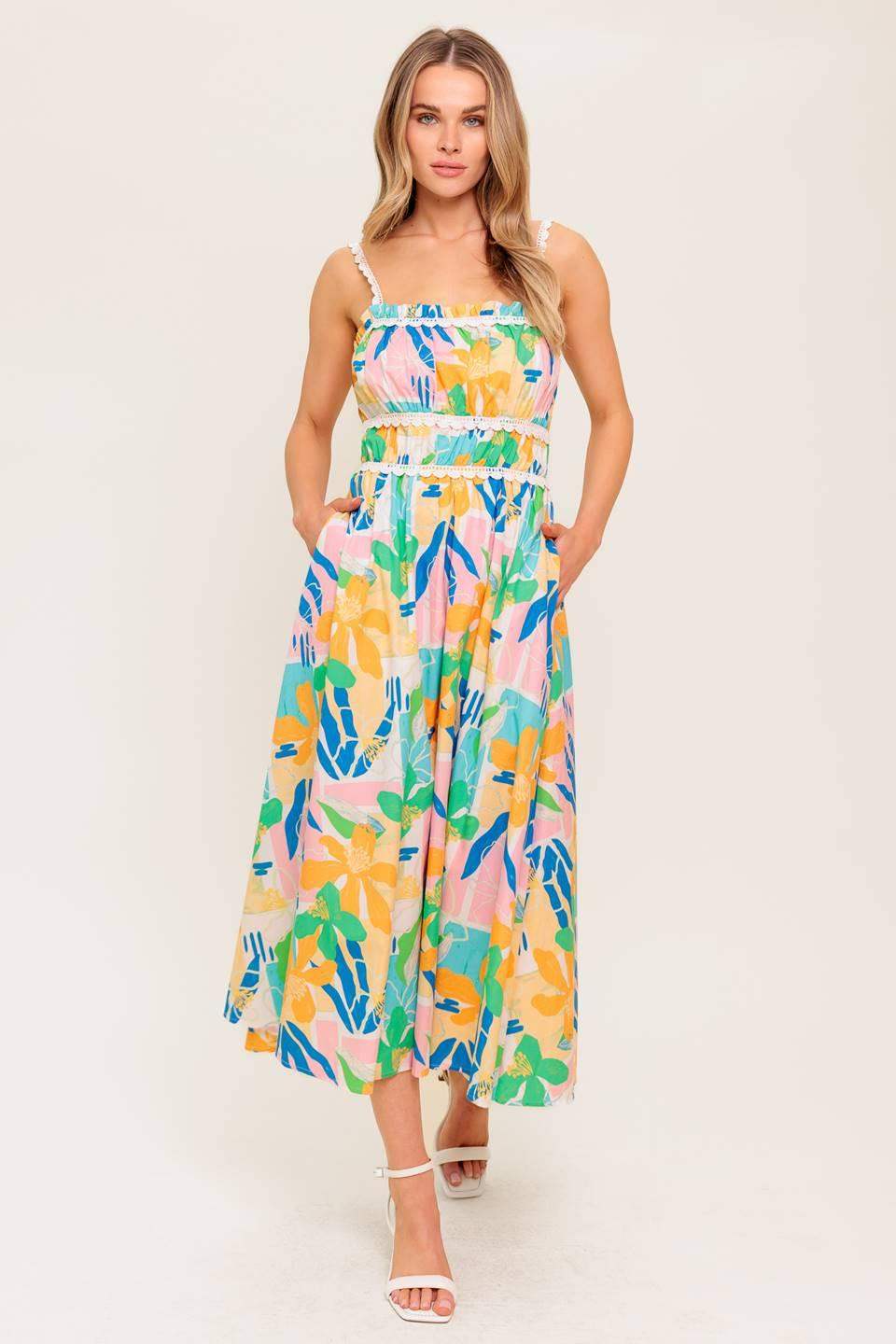 SUNLIT GARDEN PINK BLUE WOVEN MIDI DRESS - Flying Tomato - Flyclothing LLC