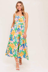 SUNLIT GARDEN PINK BLUE WOVEN MIDI DRESS - Flying Tomato - Flyclothing LLC