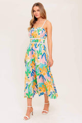 SUNLIT GARDEN PINK BLUE WOVEN MIDI DRESS - Flying Tomato - Flyclothing LLC