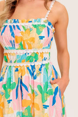 SUNLIT GARDEN PINK BLUE WOVEN MIDI DRESS - Flying Tomato - Flyclothing LLC