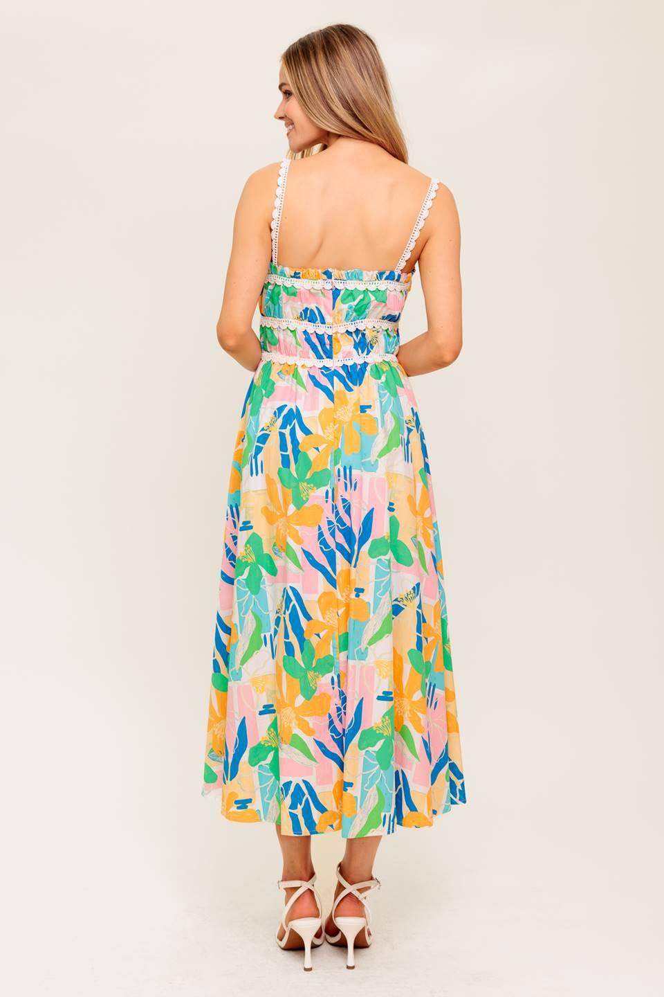 SUNLIT GARDEN PINK BLUE WOVEN MIDI DRESS - Flying Tomato - Flyclothing LLC