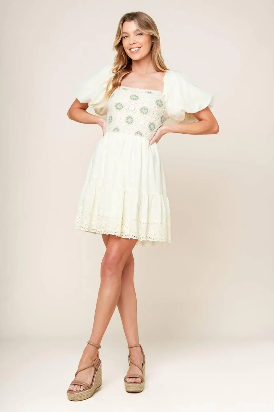 LOLA GRASS CREAM WOVEN MINI DRESS - Flying Tomato - Flyclothing LLC