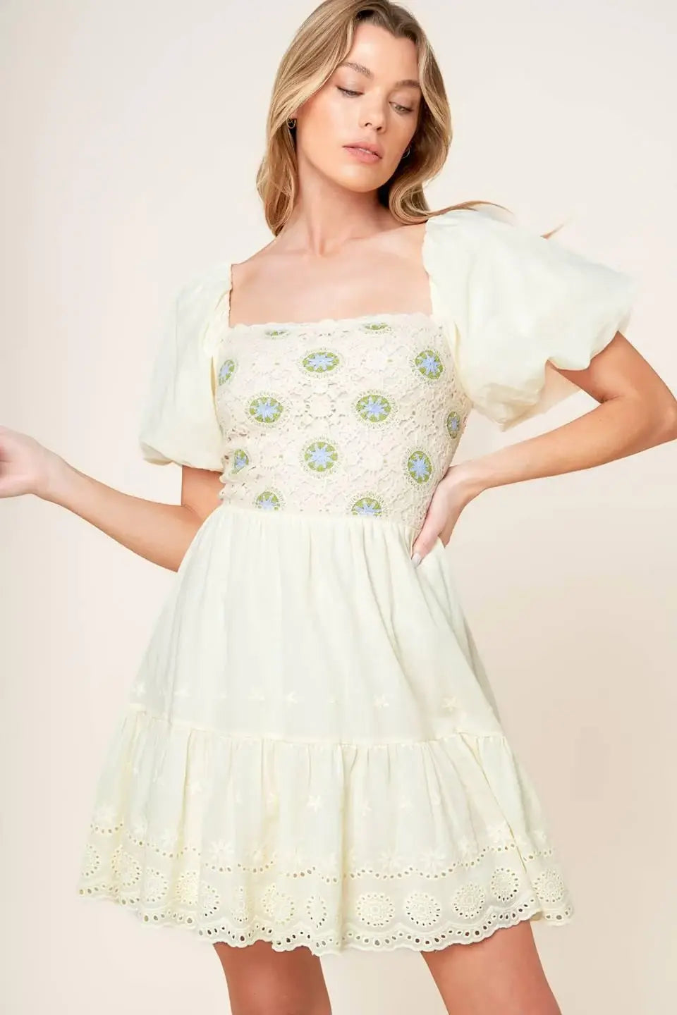 LOLA GRASS CREAM WOVEN MINI DRESS - Flying Tomato - Flyclothing LLC