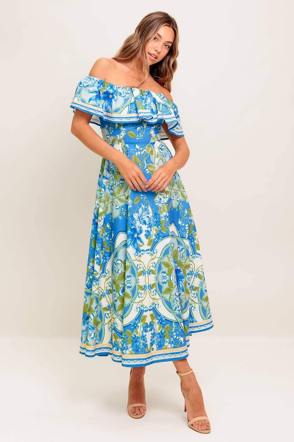 TROPICAL HAZE POWDER BLUE WOVEN MIDI DRESS - Flying Tomato - Flyclothing LLC