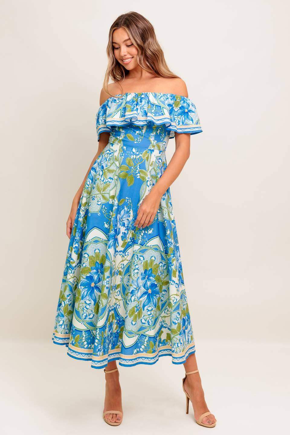 TROPICAL HAZE POWDER BLUE WOVEN MIDI DRESS - Flying Tomato - Flyclothing LLC