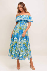 TROPICAL HAZE POWDER BLUE WOVEN MIDI DRESS - Flying Tomato - Flyclothing LLC