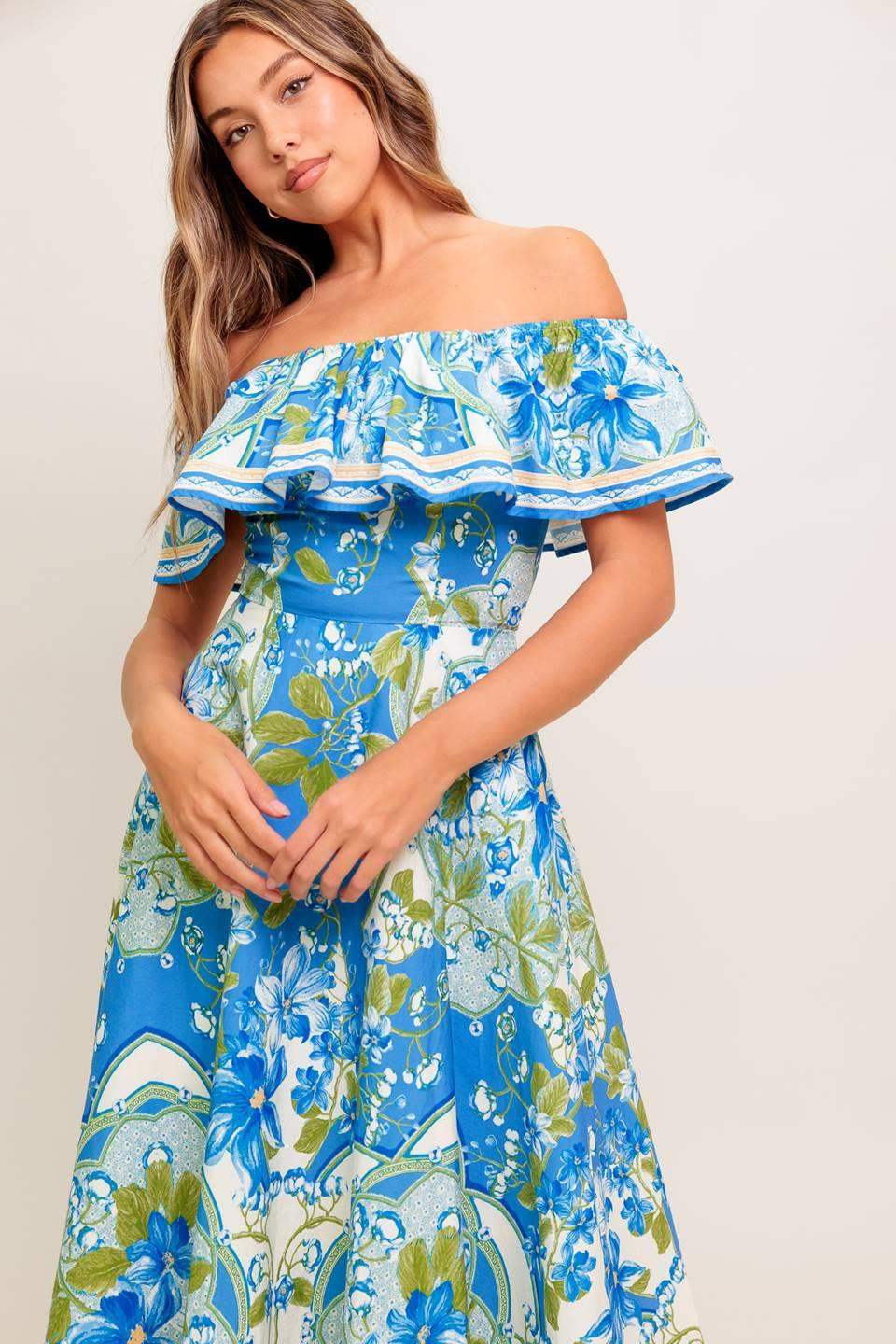 TROPICAL HAZE POWDER BLUE WOVEN MIDI DRESS - Flying Tomato - Flyclothing LLC