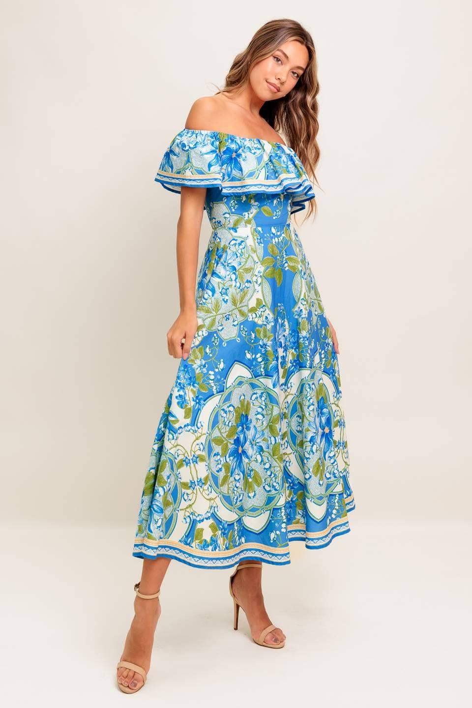 TROPICAL HAZE POWDER BLUE WOVEN MIDI DRESS - Flying Tomato - Flyclothing LLC