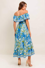 TROPICAL HAZE POWDER BLUE WOVEN MIDI DRESS - Flying Tomato - Flyclothing LLC