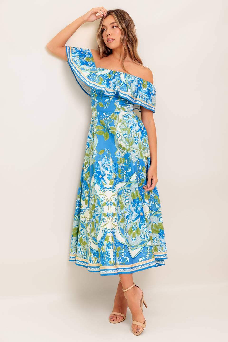 TROPICAL HAZE POWDER BLUE WOVEN MIDI DRESS - Flying Tomato - Flyclothing LLC