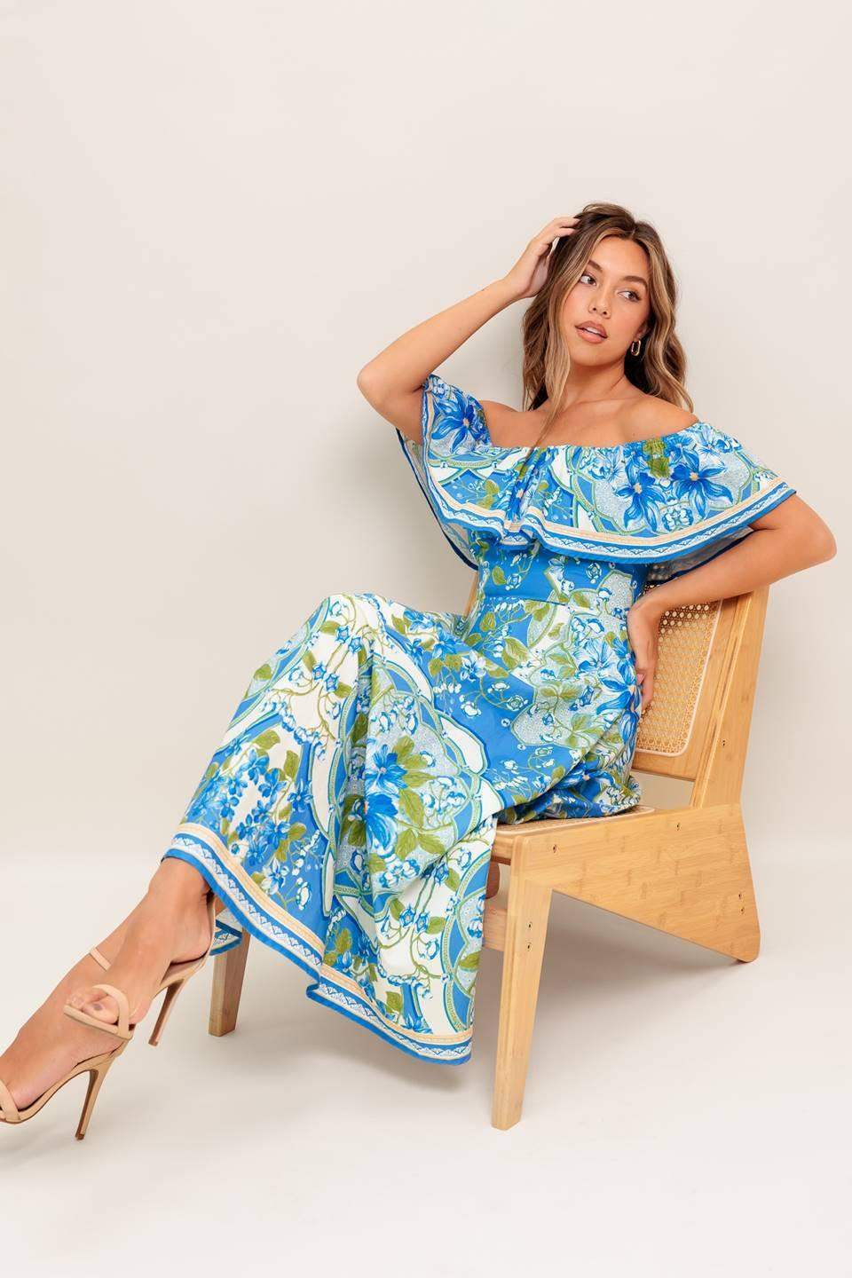 TROPICAL HAZE POWDER BLUE WOVEN MIDI DRESS - Flying Tomato - Flyclothing LLC