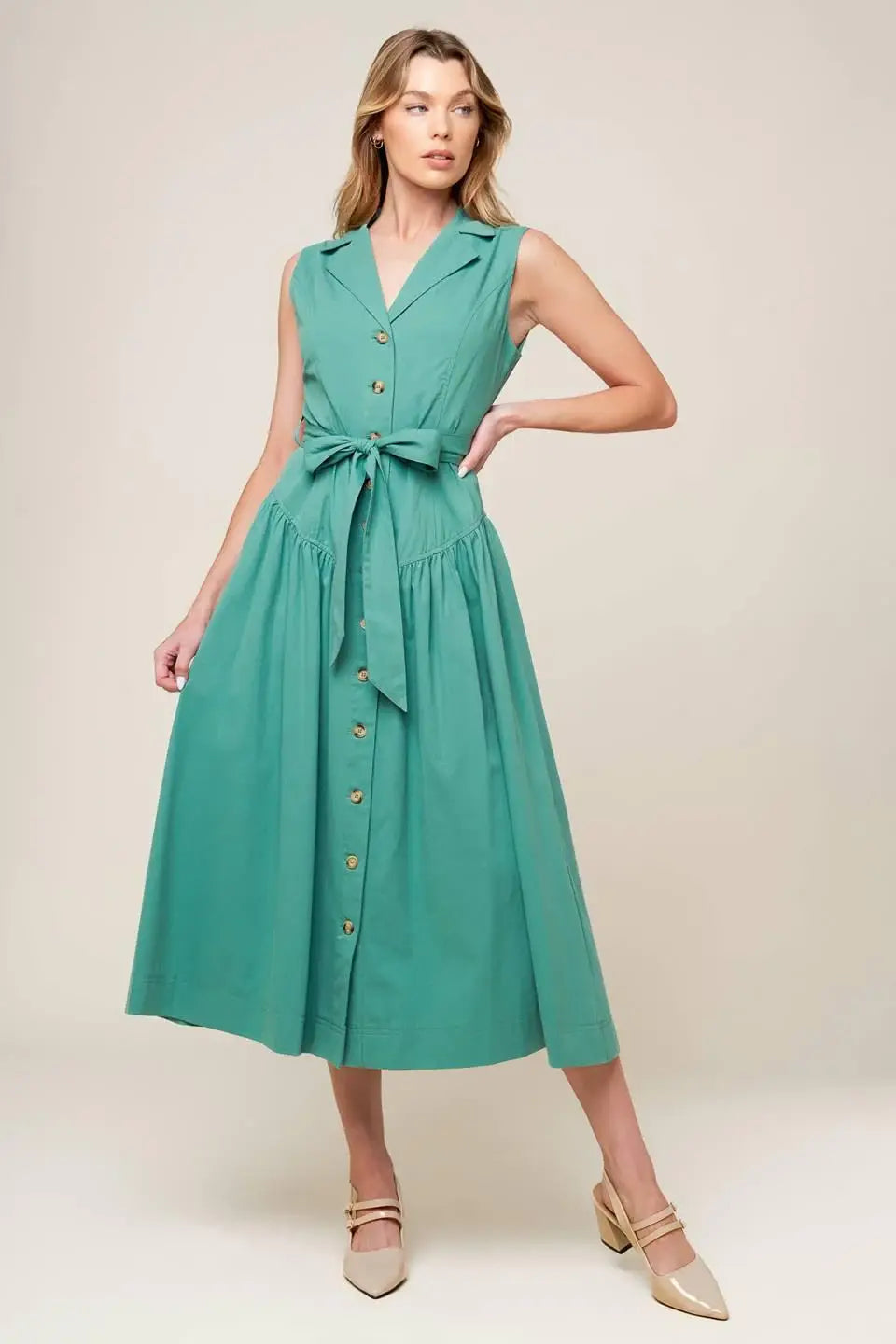 WISHING WELL TEAL GREEN WOVEN MIDI DRESS - Flying Tomato - Flyclothing LLC
