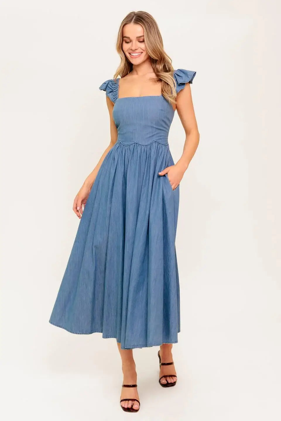 DRIFTWOOD PETAL CHAMBRAY MIDI DRESS - Flying Tomato - Flyclothing LLC