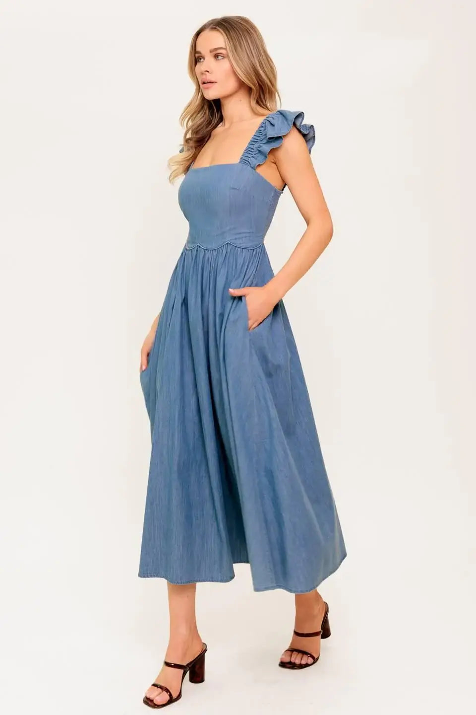 DRIFTWOOD PETAL CHAMBRAY MIDI DRESS - Flying Tomato - Flyclothing LLC
