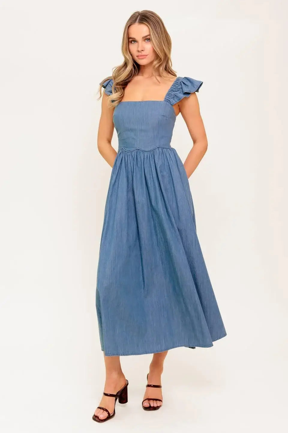 DRIFTWOOD PETAL CHAMBRAY MIDI DRESS - Flying Tomato - Flyclothing LLC