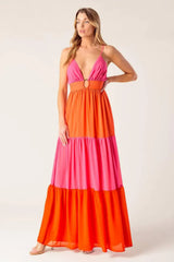 REGAL RISE WOVEN COLOR BLOCKED MAXI DRESS - Flying Tomato - Flyclothing LLC