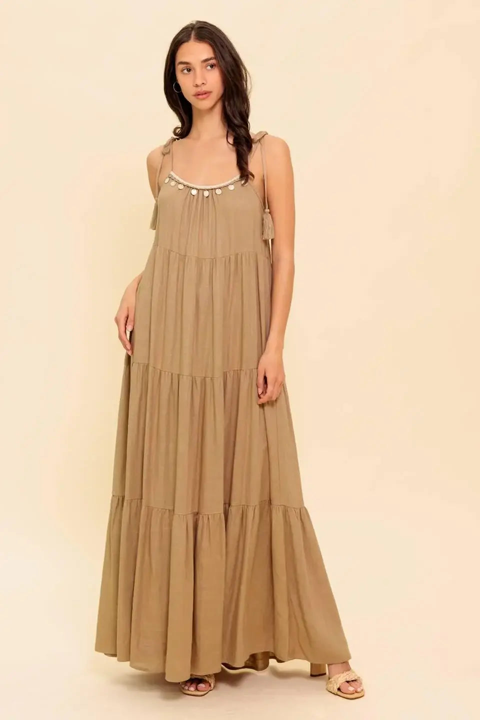 WORLD OF POSSIBLILITIES TAUPE WOVEN MAXI DRESS - Flying Tomato - Flyclothing LLC