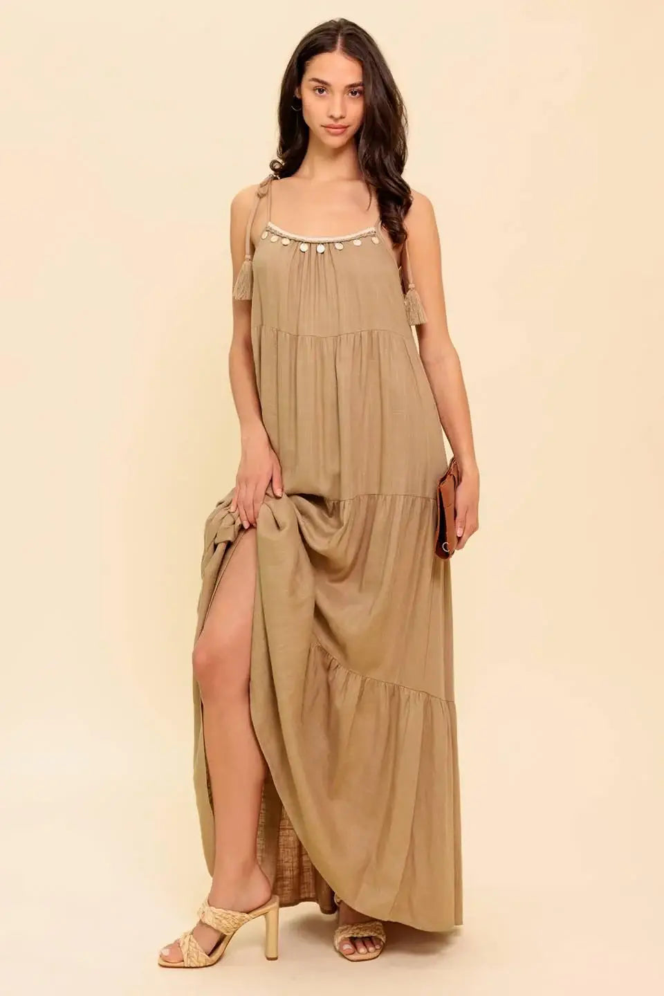 WORLD OF POSSIBLILITIES TAUPE WOVEN MAXI DRESS - Flying Tomato - Flyclothing LLC