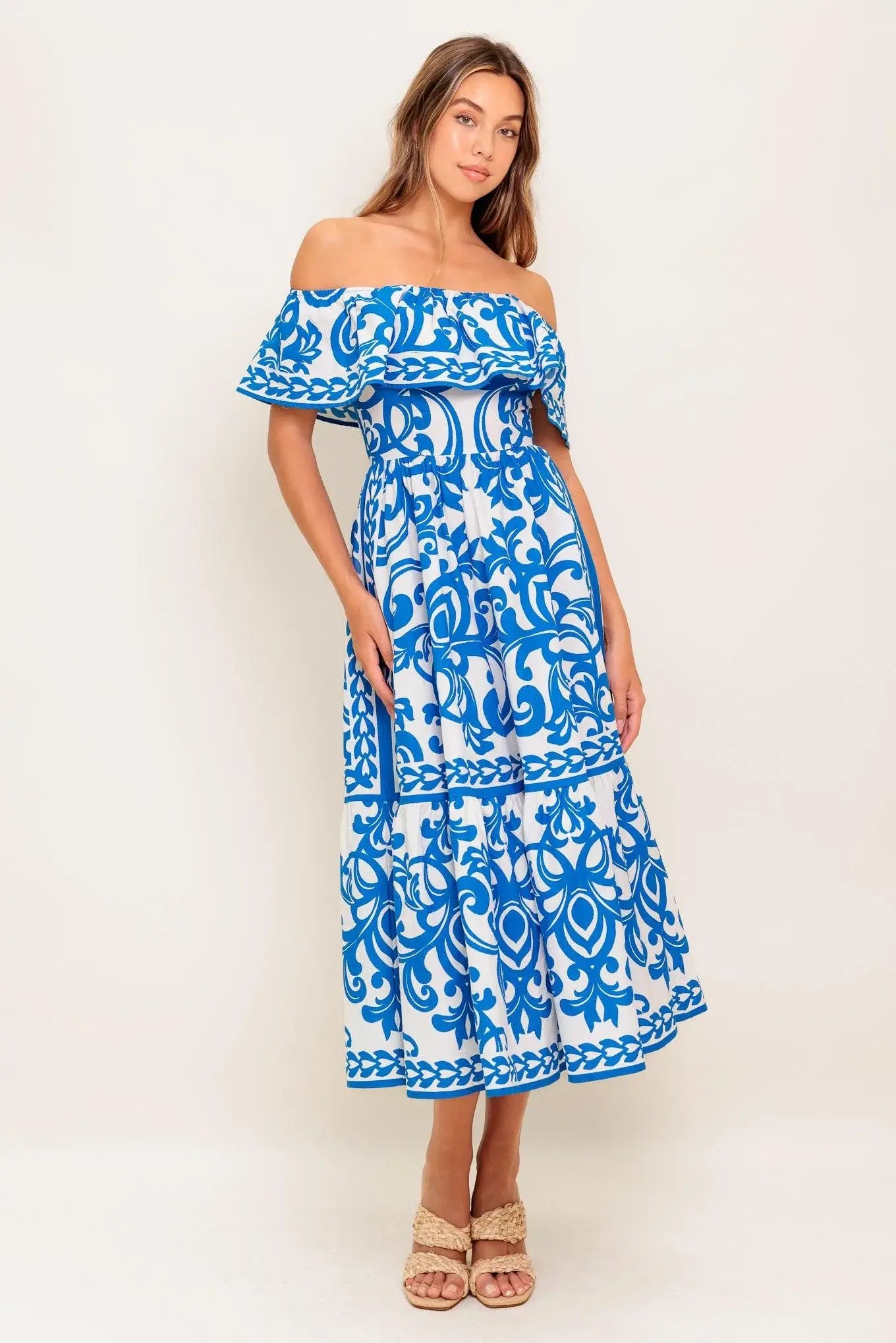 BLOOM SERENADE BLUE WOVEN MIDI DRESS - Flying Tomato - Flyclothing LLC