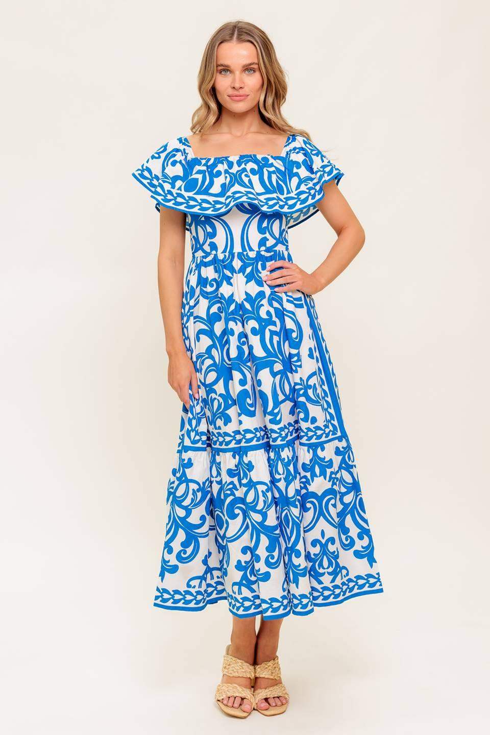 BLOOM SERENADE BLUE WOVEN MIDI DRESS - Flying Tomato - Flyclothing LLC