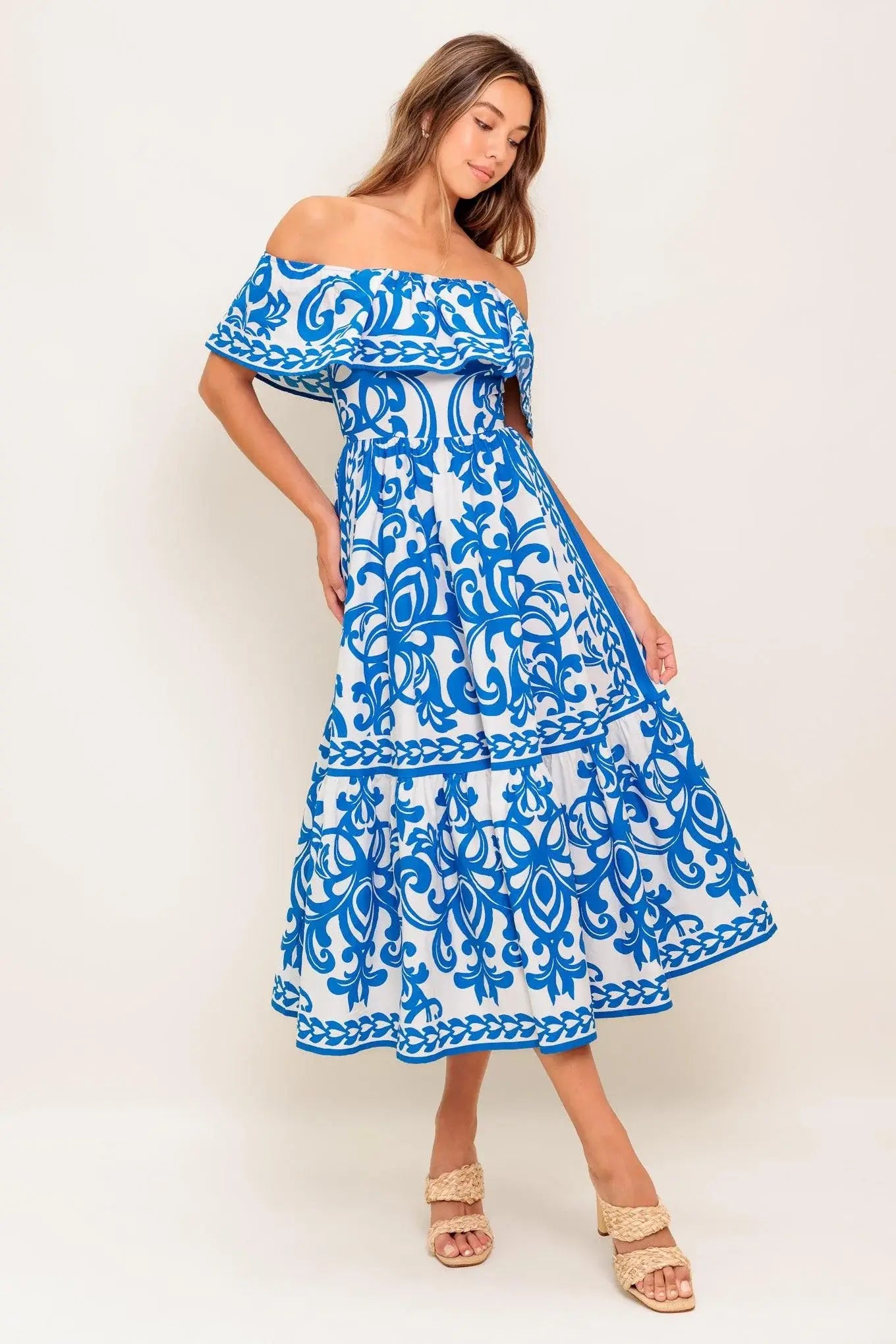 BLOOM SERENADE BLUE WOVEN MIDI DRESS - Flying Tomato - Flyclothing LLC