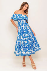 BLOOM SERENADE BLUE WOVEN MIDI DRESS - Flying Tomato - Flyclothing LLC