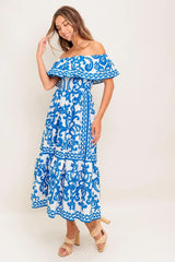 BLOOM SERENADE BLUE WOVEN MIDI DRESS - Flying Tomato - Flyclothing LLC