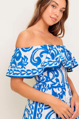 BLOOM SERENADE BLUE WOVEN MIDI DRESS - Flying Tomato - Flyclothing LLC