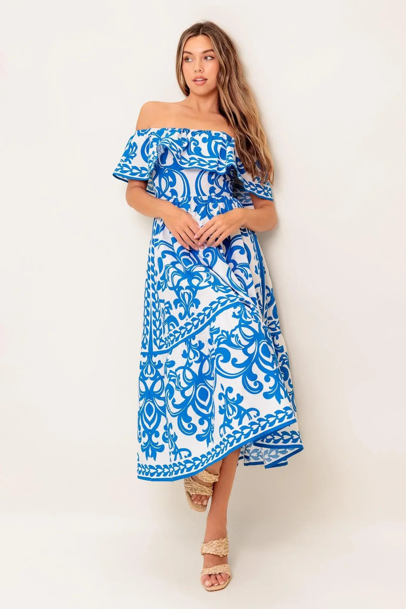 BLOOM SERENADE BLUE WOVEN MIDI DRESS - Flying Tomato - Flyclothing LLC