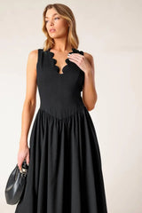 FOR THE RECORD BLACK WOVEN MIDI DRESS - Flying Tomato - Flyclothing LLC