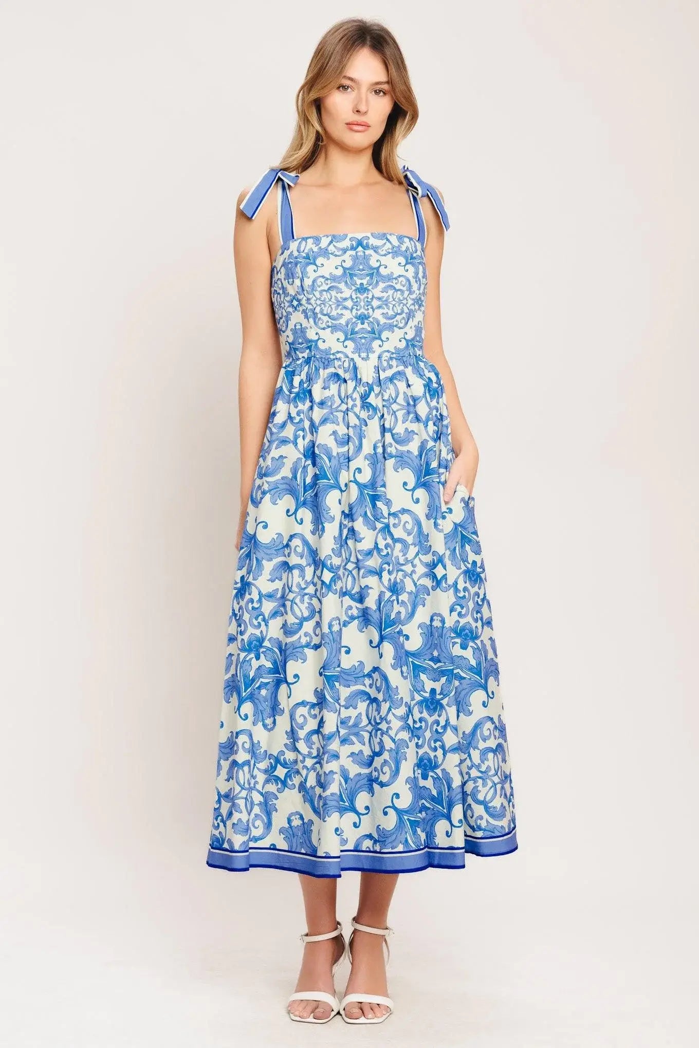 AZURE SCROLL WOVEN MIDI DRESS - Flying Tomato - Flyclothing LLC