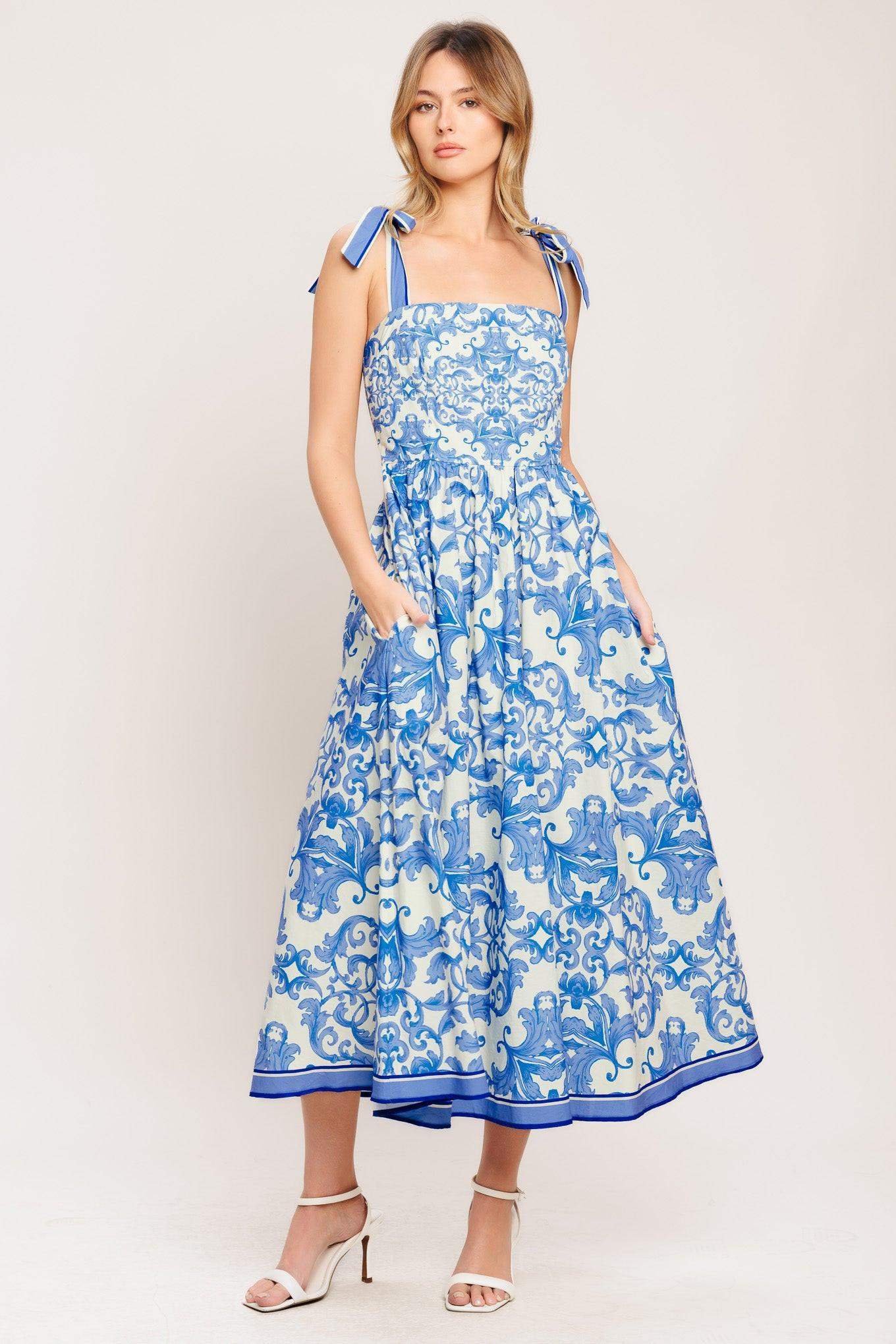 AZURE SCROLL WOVEN MIDI DRESS - Flying Tomato - Flyclothing LLC